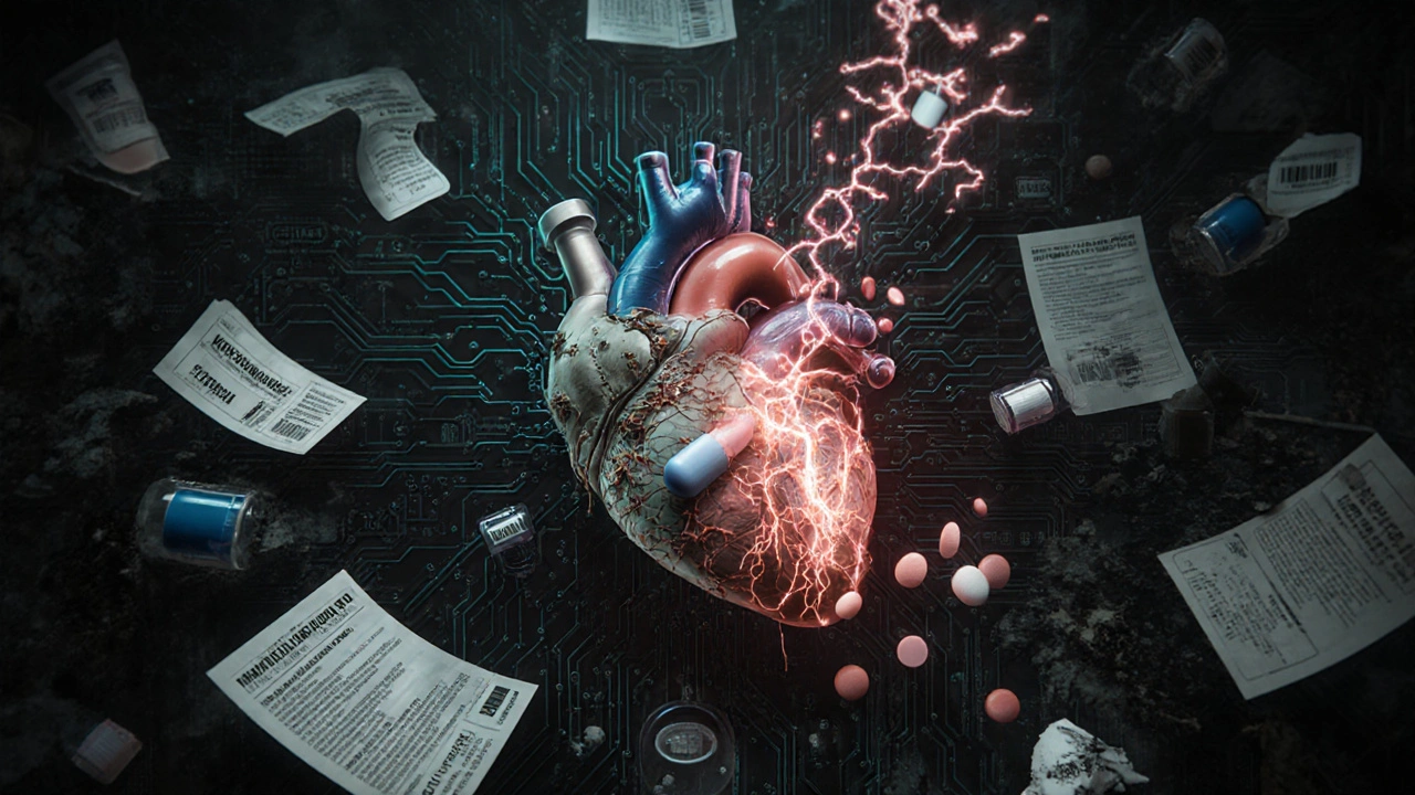 A mechanical heart made of drugs and circuits, with molecules flowing between brand and generic pills.