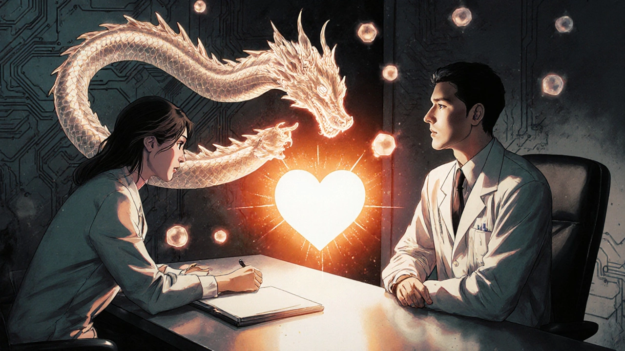 A patient and doctor in a high-tech office as a dragon of energy restores desire and mood.