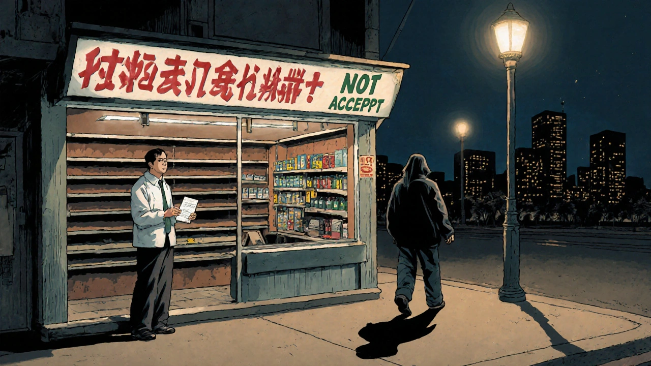 A patient walking away from a closed pharmacy with an unfulfilled prescription.