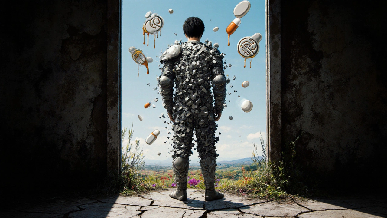 A person shedding heavy weight-gain armor while mystical runes dissolve the burden.