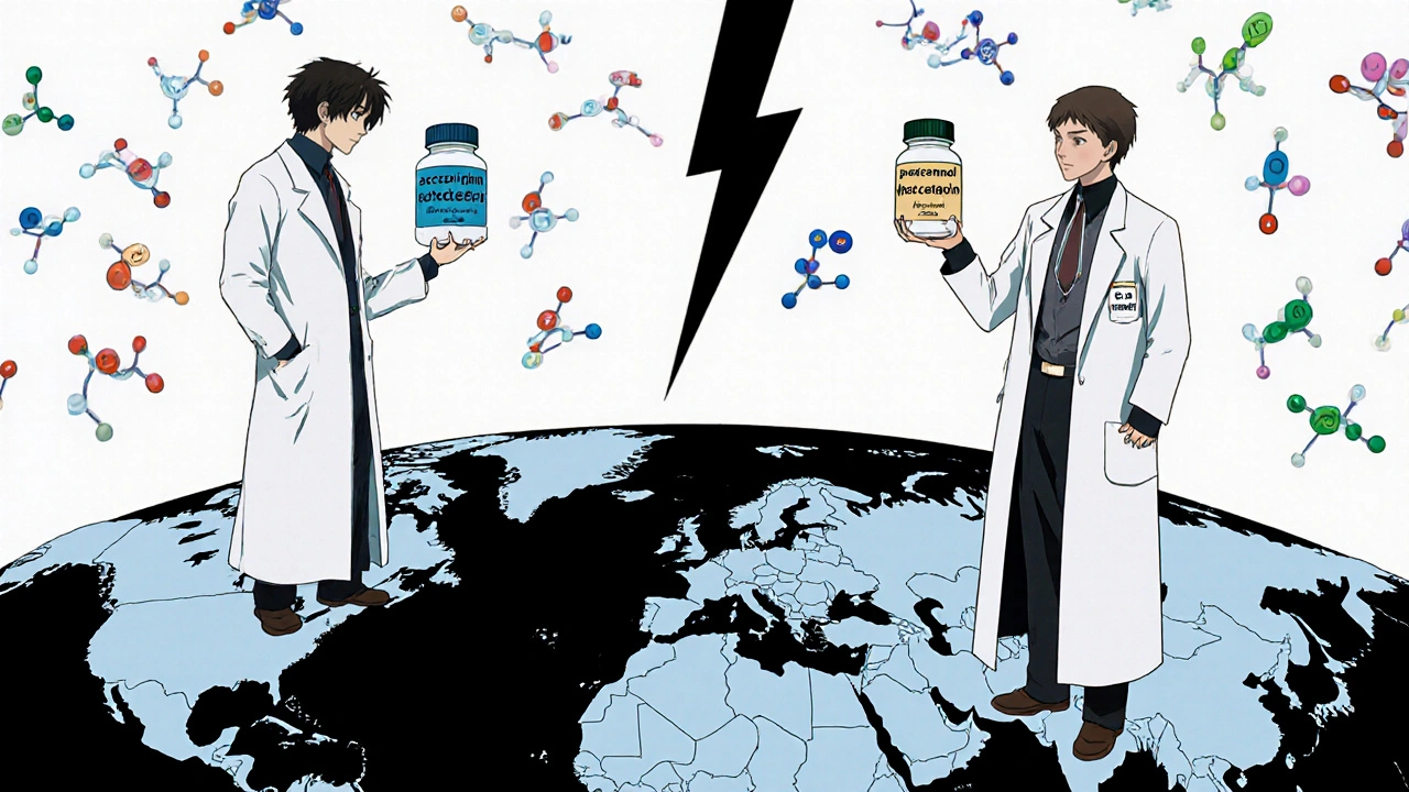 A pharmacist and doctor on opposite sides of a global map holding different names for the same drug, with lightning between them.