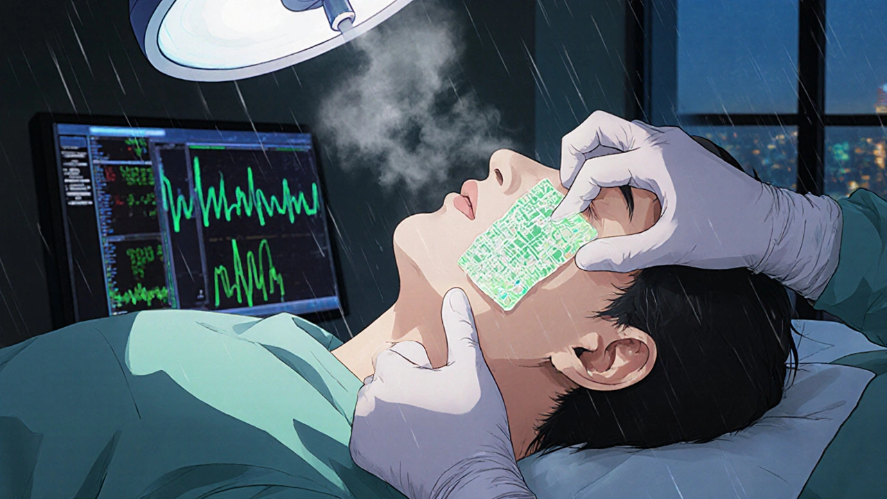 A surgeon placing a healing patch over a perforated eardrum, glowing tissue fibers spreading like circuits.