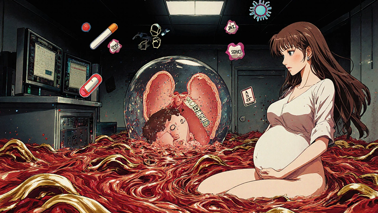 Bloodstream with drug molecules flowing toward placenta, insulin blocked, fetus reacting to SSRIs in amniotic fluid.