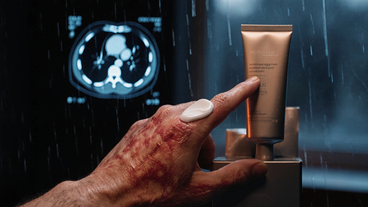 Close-up of hand with chemotherapy-induced skin reaction applying lotion