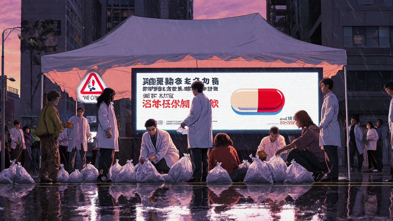 Community drug take-back event at dusk with volunteers collecting expired medications under neon lights.