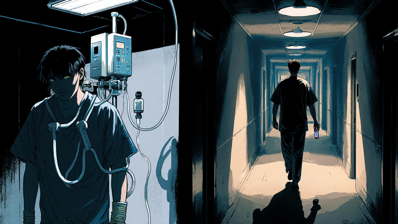 Contrasting patient with IV pump and one walking free with pill bottle