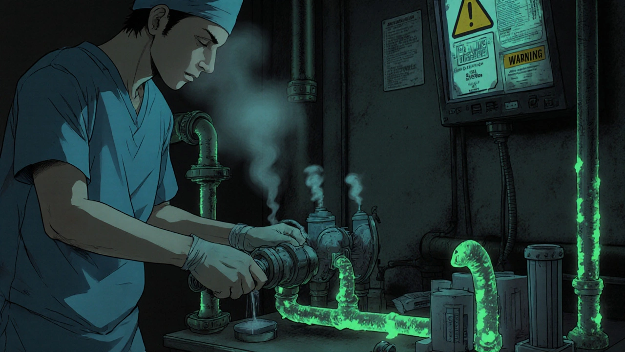 Dental technician flushing water lines with UV-lit equipment and test kits.