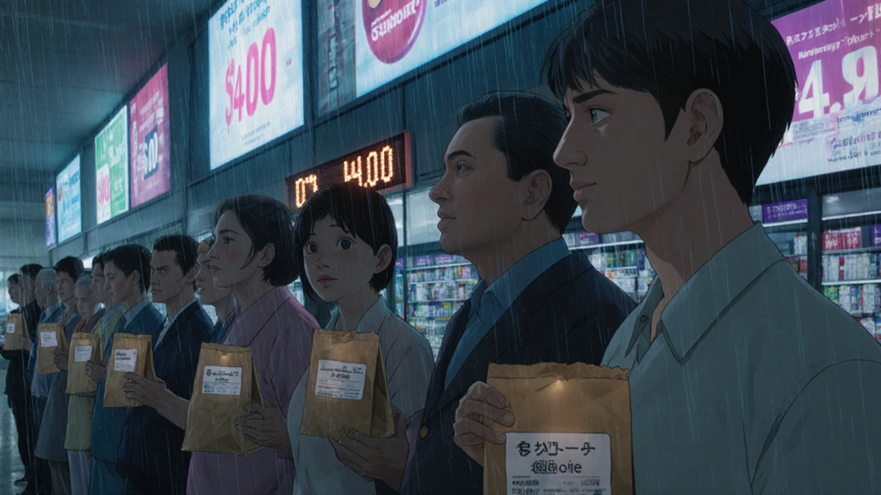 Diverse patients holding generic medication bags in a pharmacy, prices glowing on a screen.