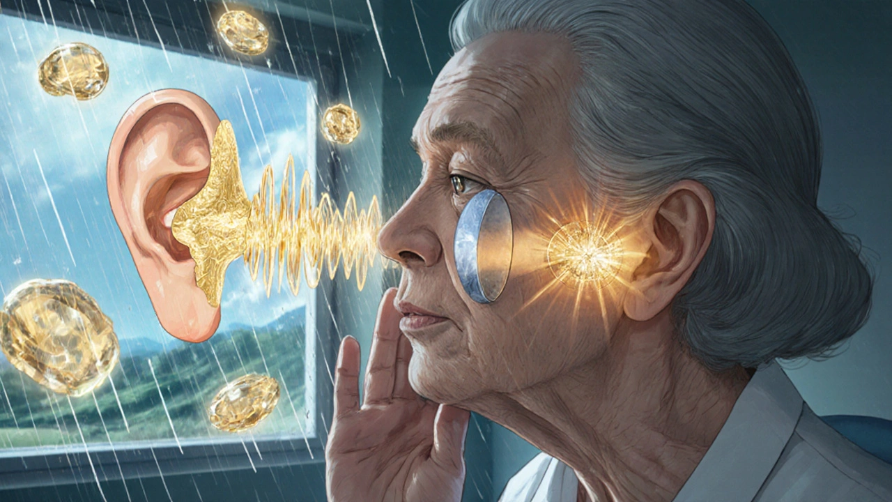 Elderly woman crying as golden sound waves ripple from her grandson&#039;s voice after surgery.