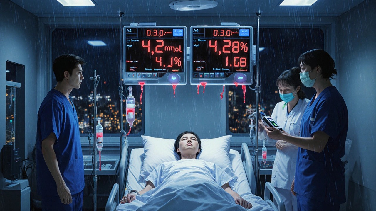 Emergency medical team treating a patient with ketone monitor readouts and IV fluids in a neon-lit hospital room.