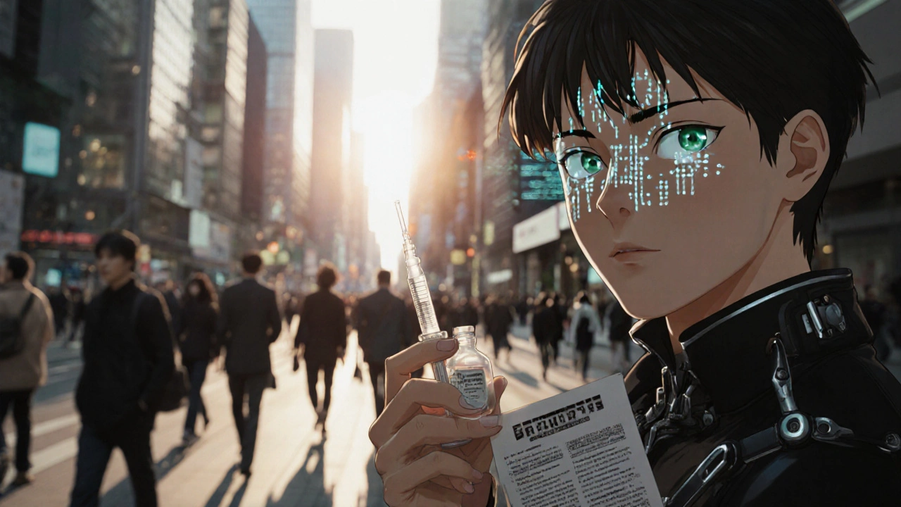Hand holding emergency kit on city street, faint holographic cortisol monitor data visible in eye, sunrise in background.