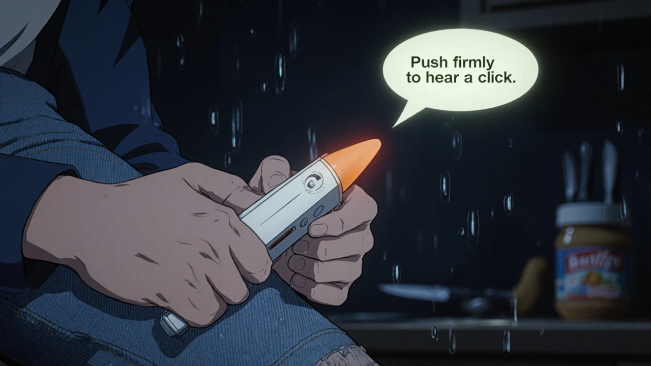 Hands activating an Auvi-Q auto-injector through jeans, with voice prompt bubbles visible.