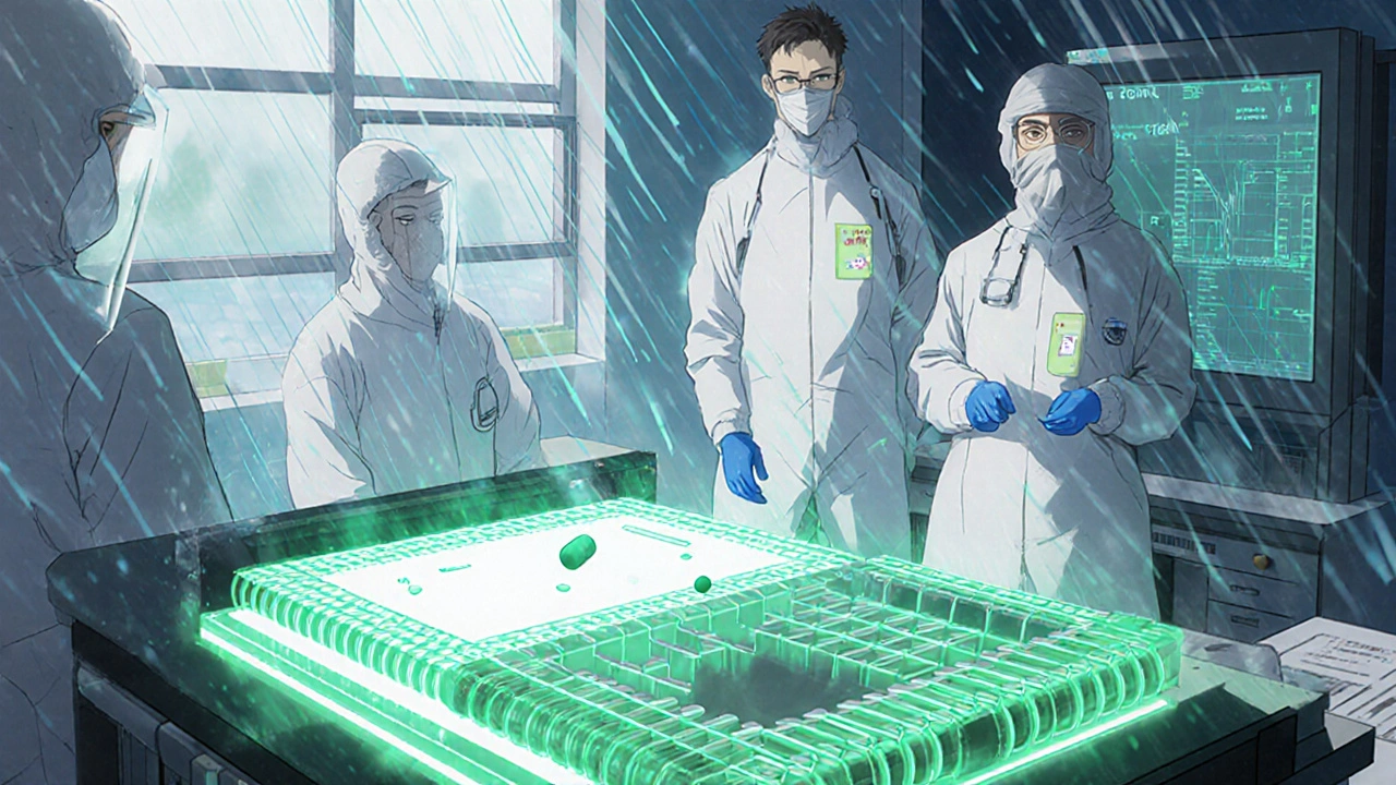 Microfluidic placenta-on-a-chip device with glowing membranes and scientists observing holographic drug transfer data.