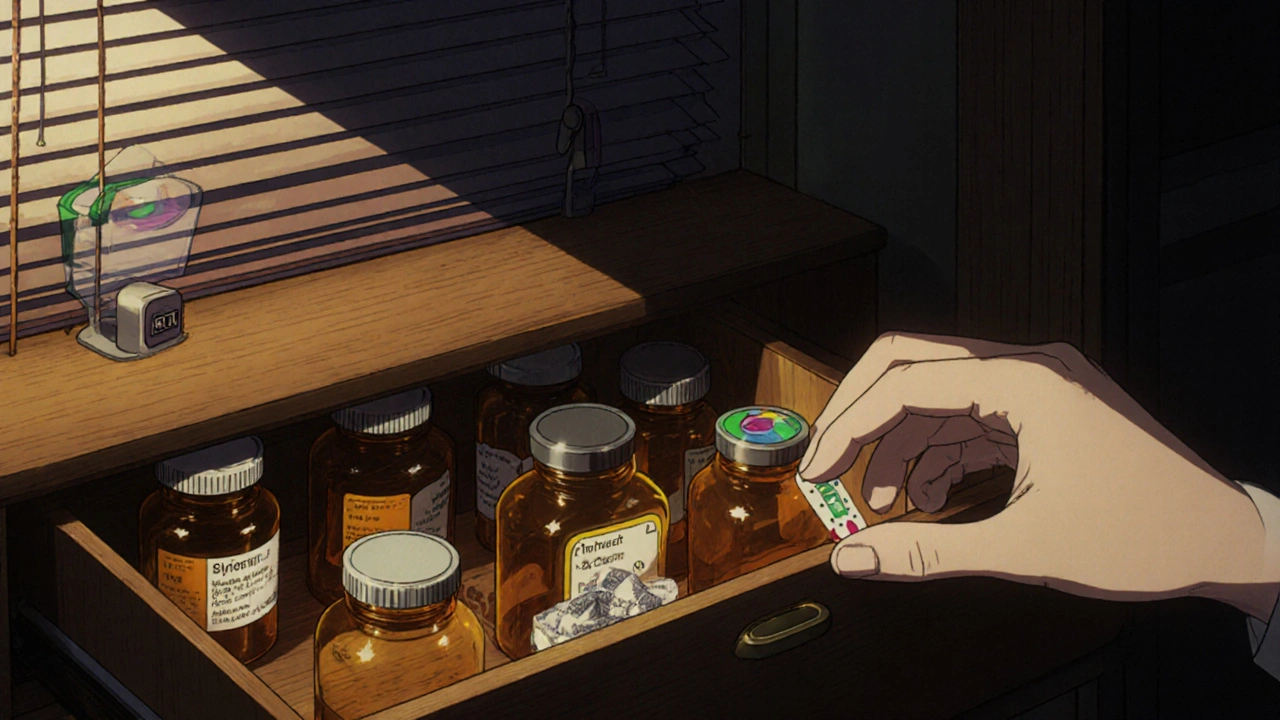 Neat bedroom drawer with labeled medicine bottles and a glowing hygrometer showing safe humidity.