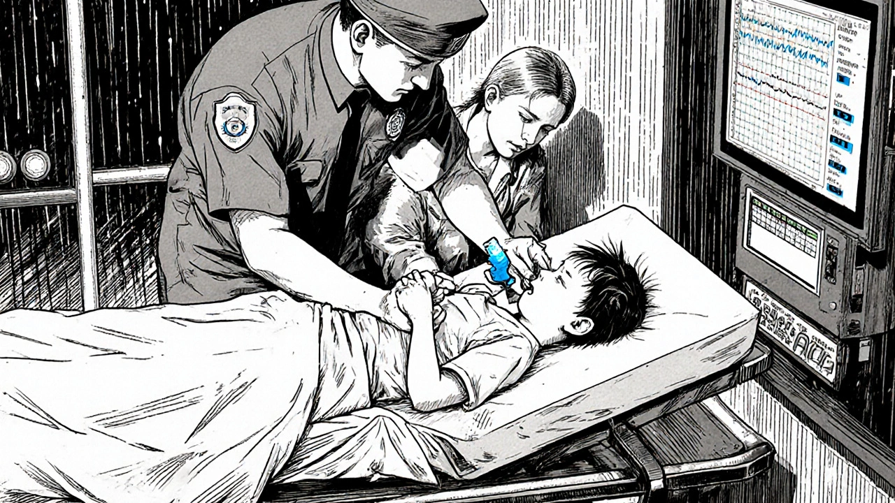 Paramedic gives second epinephrine dose to a child in an ER, monitor flatlining in background.