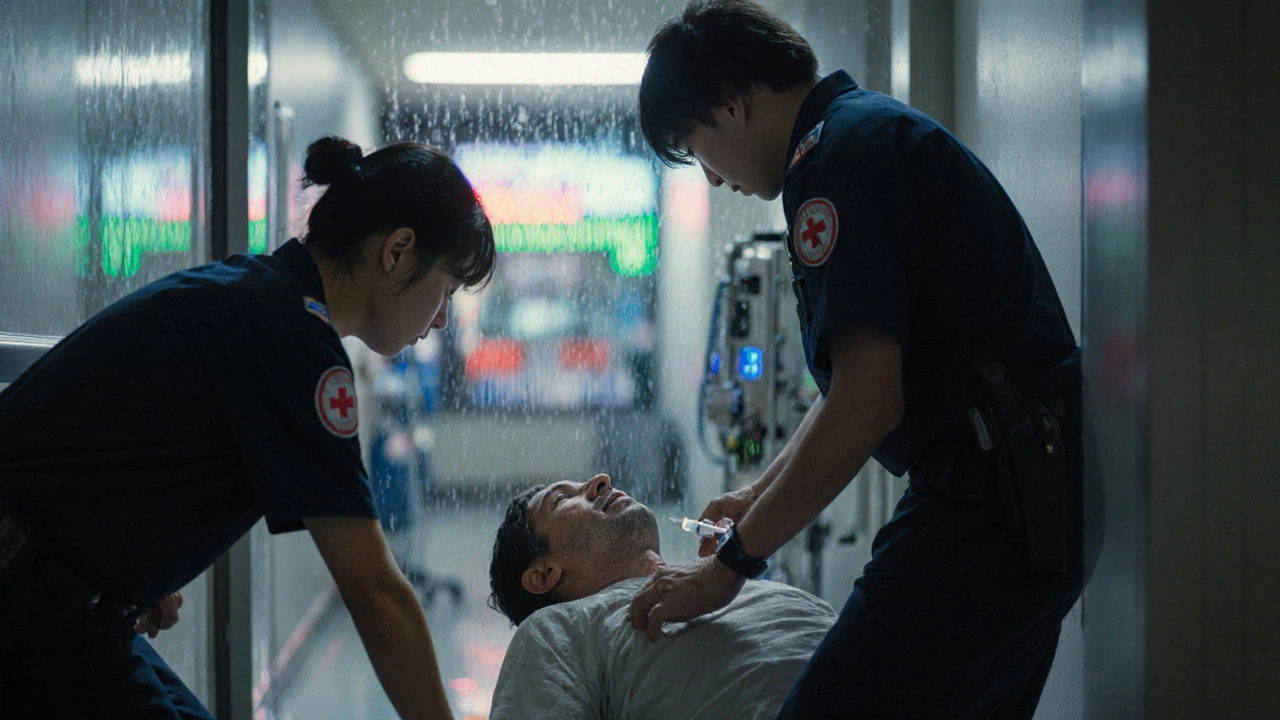 Paramedic giving hydrocortisone injection to a collapsed patient in hospital hallway, medical alert bracelet clearly visible.