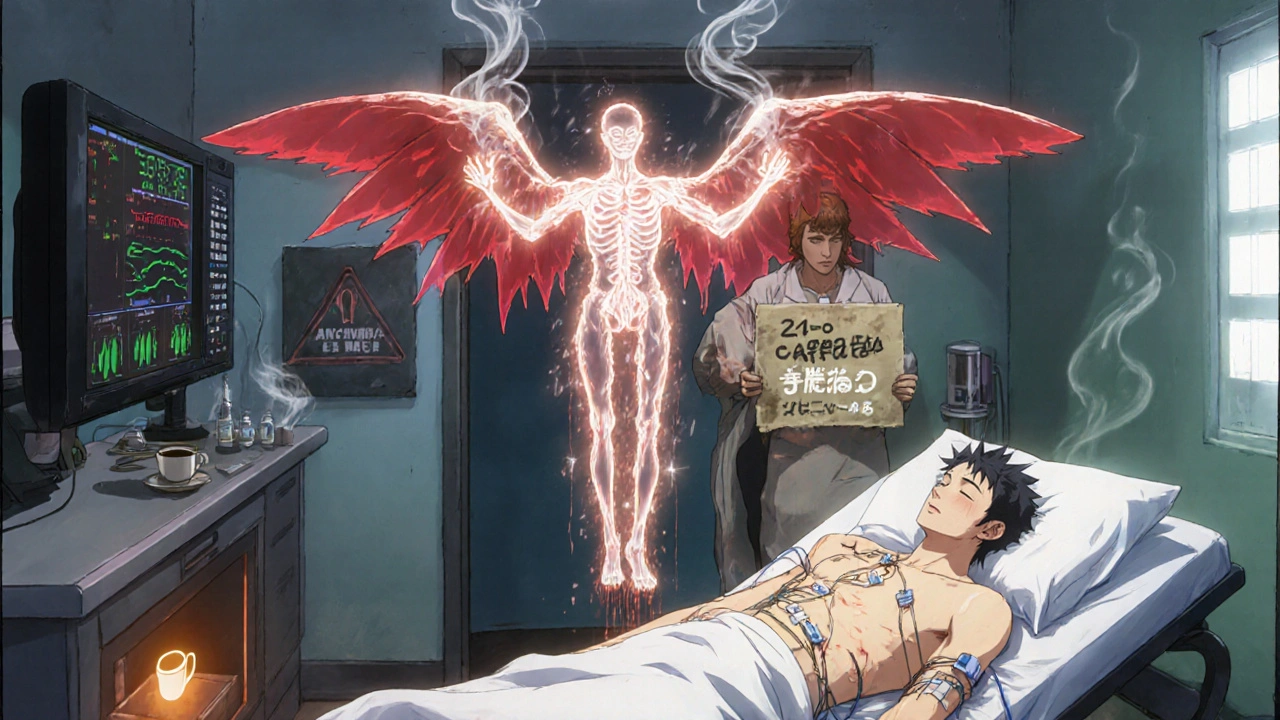 Patient undergoing stress test as caffeine spirit disrupts heart signals in hospital room.