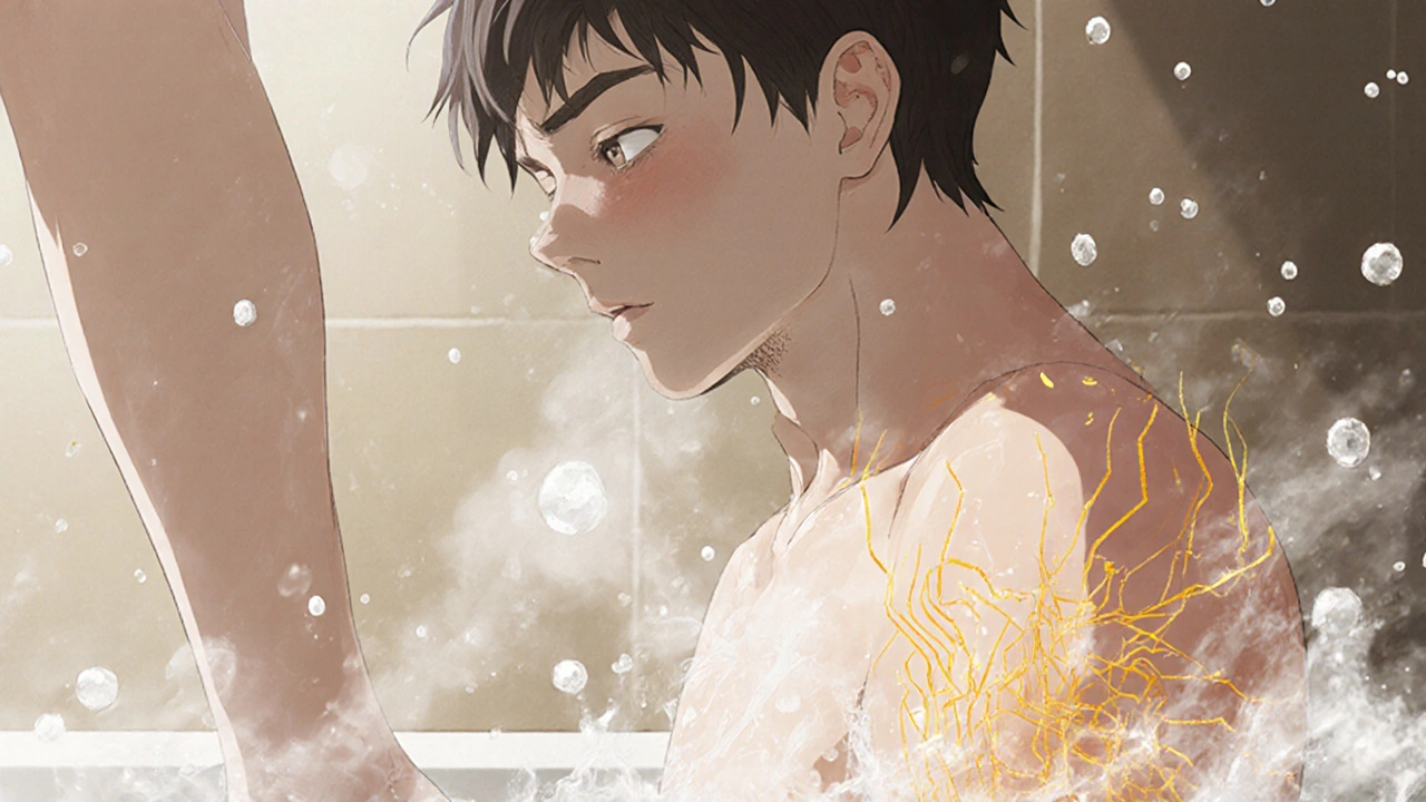 Person applying ceramide cream immediately after a bath, golden lipids absorbing into damp skin.