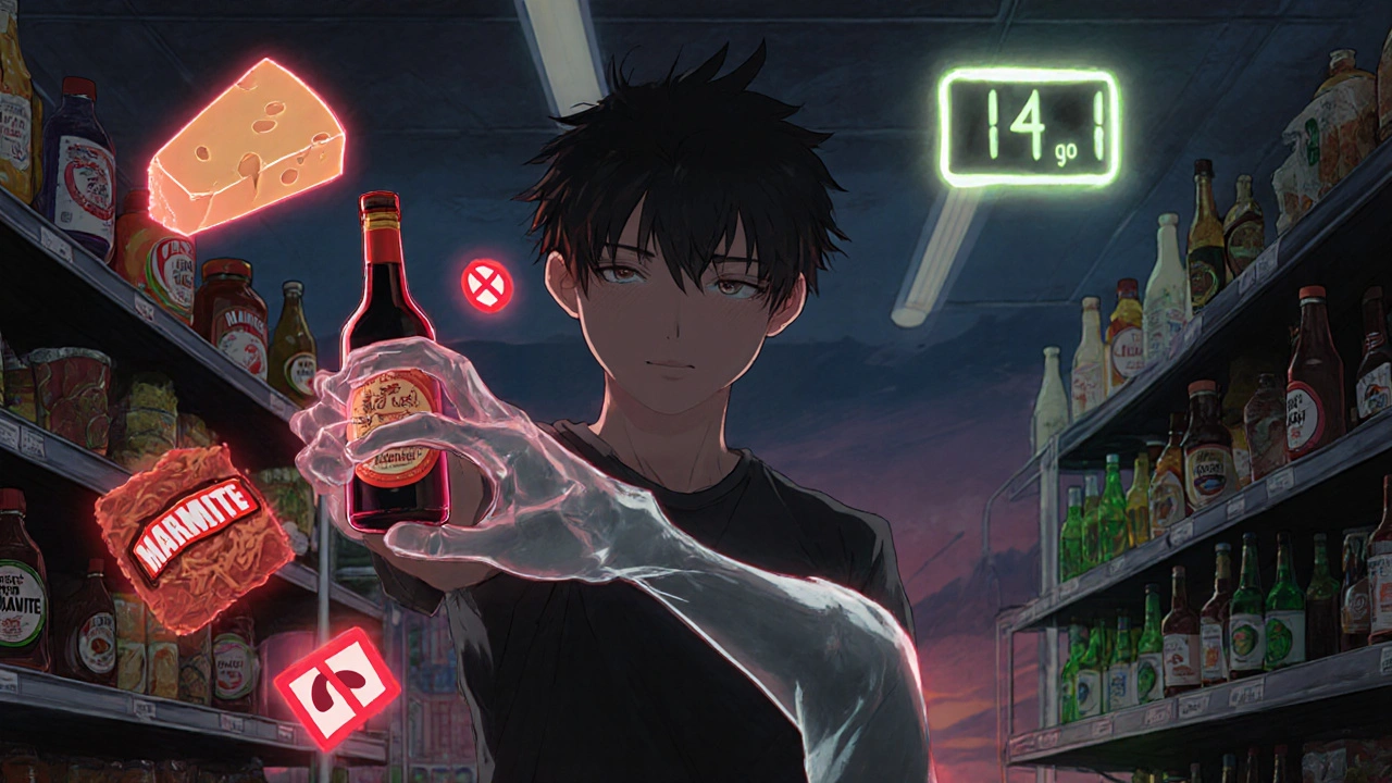 Person reaching for soy sauce as ghostly enzyme blocks path, dangerous foods glowing red in grocery aisle.