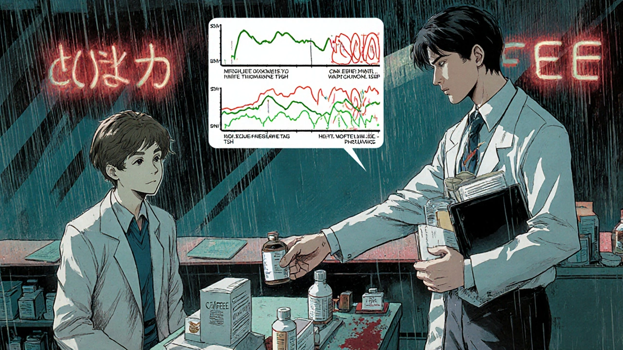 Pharmacist handing prescription as floating timelines show caffeine interactions with drugs.