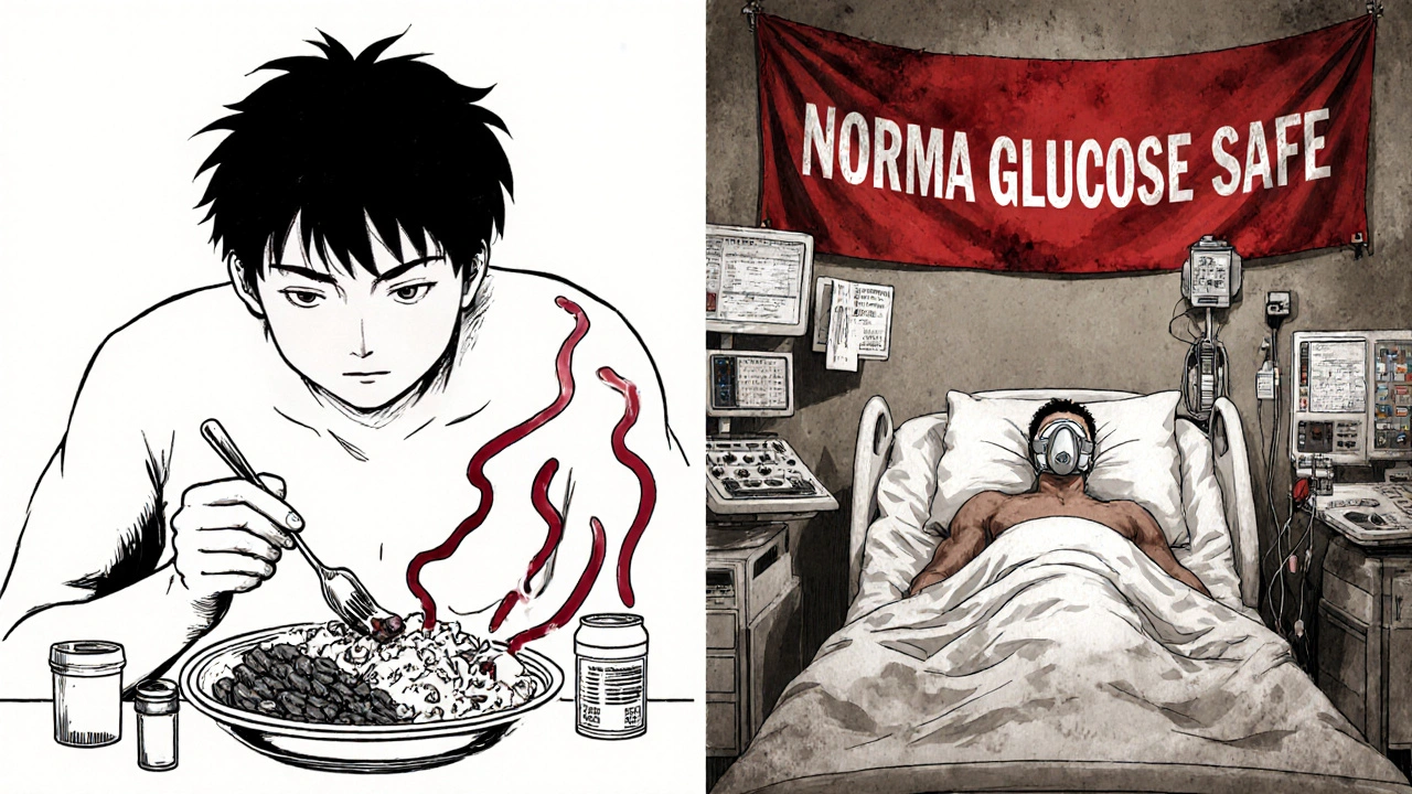 Split image: person on low-carb diet vs. same person hospitalized, with warning text about hidden DKA risk.