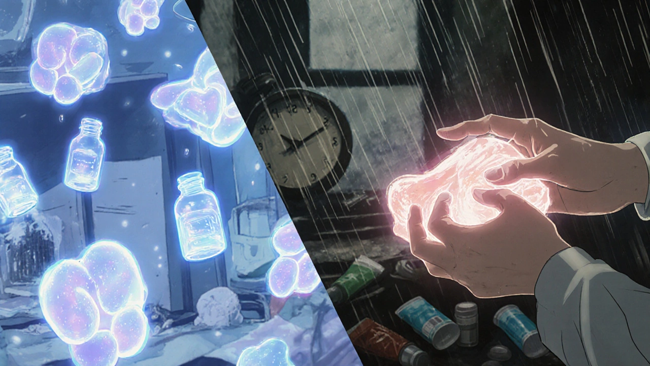Split scene: lab hologram of perfect lipid ratio vs. patient’s repaired skin barrier in anime style.