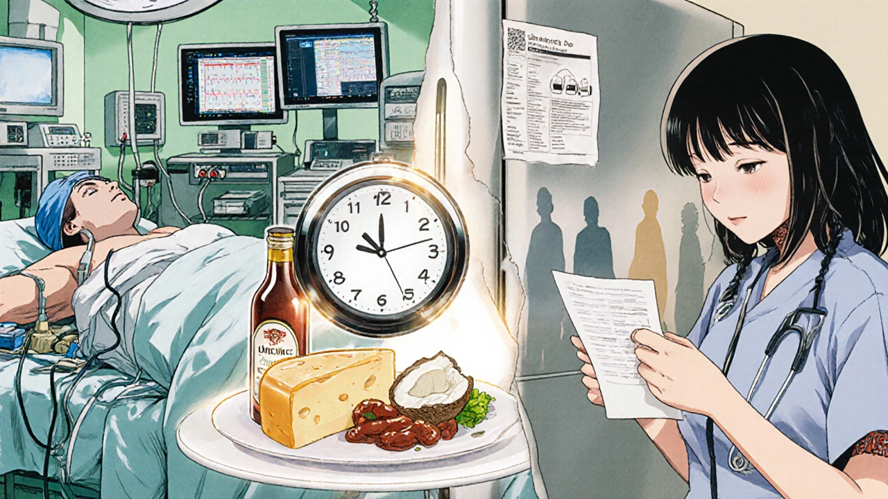 Split scene: patient collapsing in ER vs. safe food swaps in kitchen, 14-day timer glowing above.