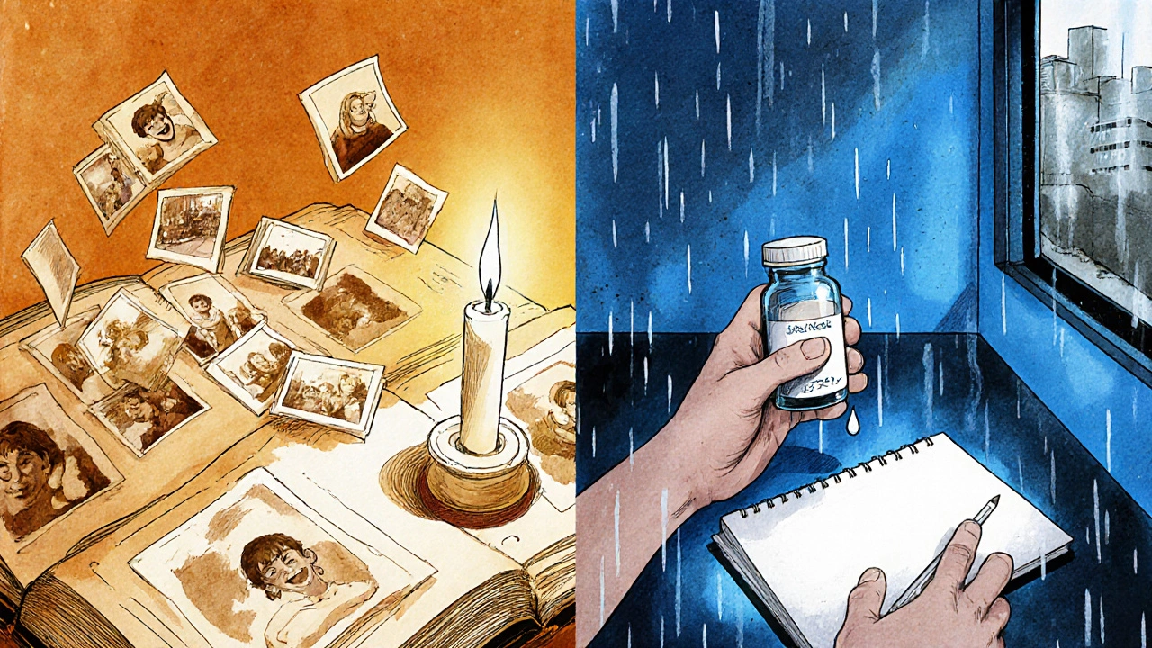 Split scene: warm candlelight with memories vs. cold room with pill bottle and tear on empty paper.