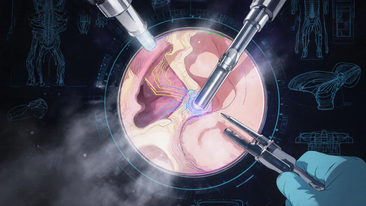 Surgeon using laser to insert piston prosthesis in middle ear, holographic anatomy around them.
