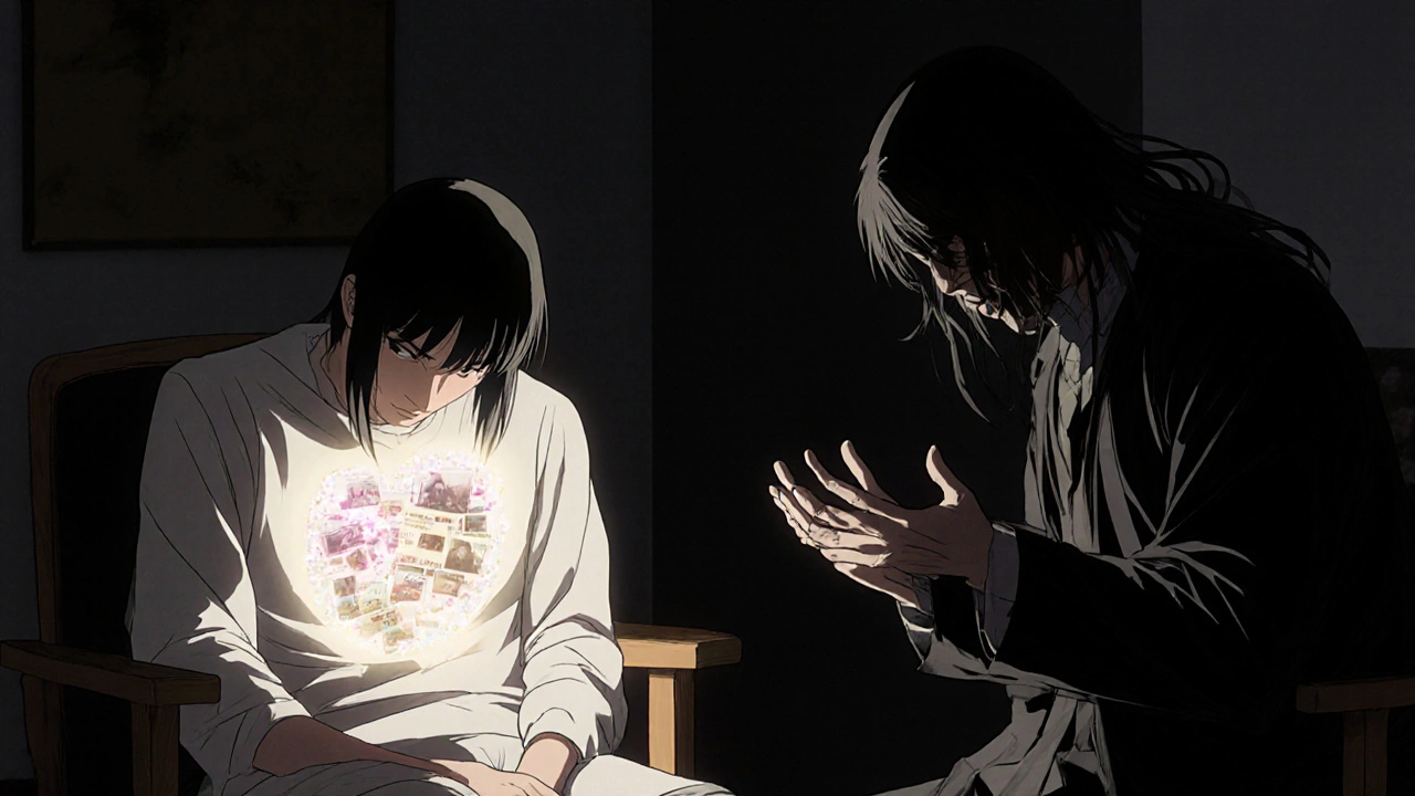 Two people in therapy: one glowing with memories, the other hidden in shadow, emotional contrast vividly drawn.