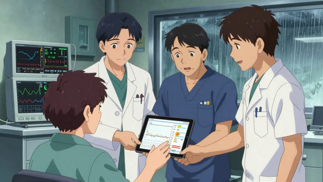 A care team guides an ALS patient through health data on a tablet, rain outside the clinic window, warm light on their hands.