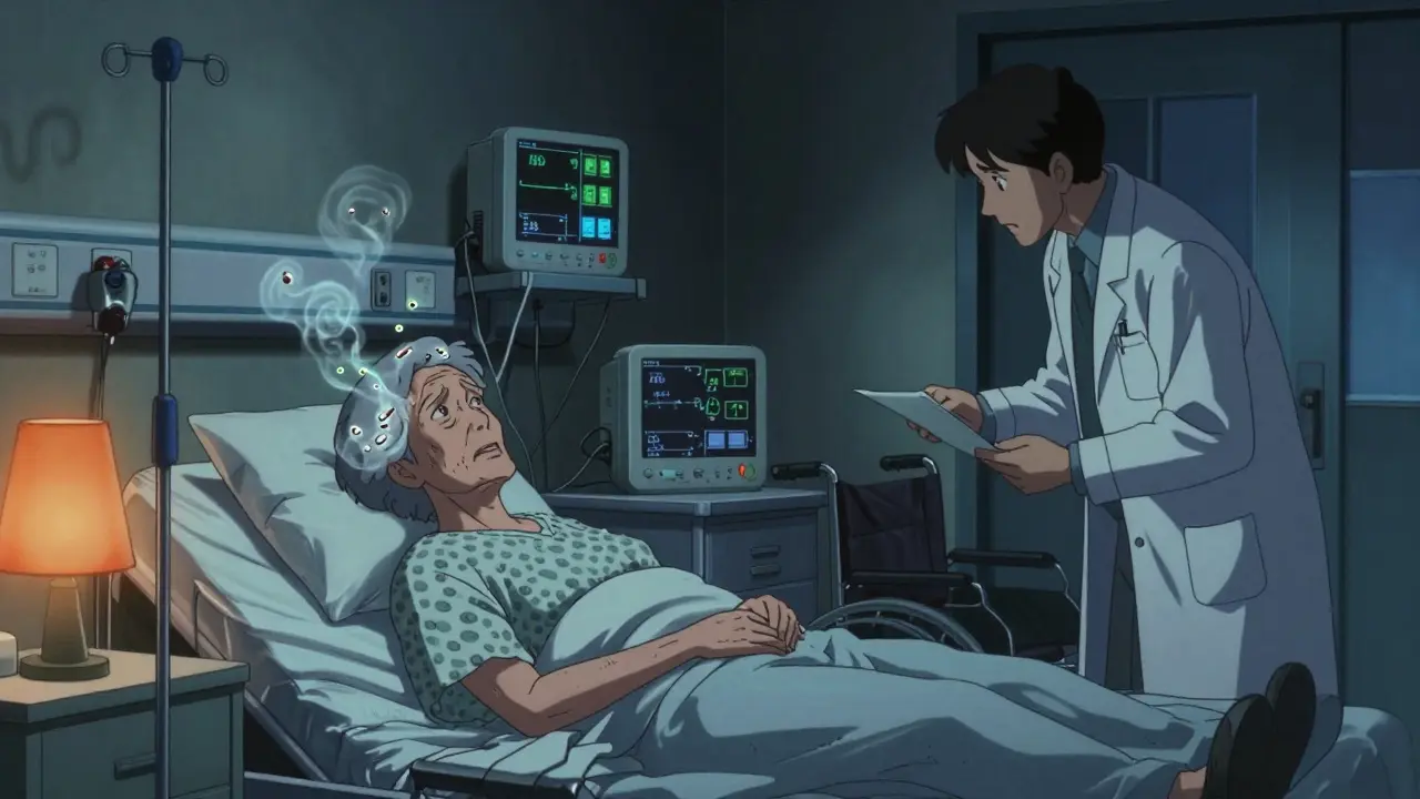 A dementia patient in a hospital bed surrounded by swirling opioid molecules, medical equipment glowing in cold light.