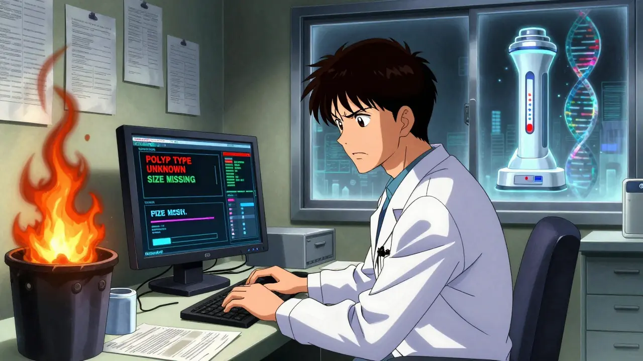 A doctor faces a broken health system screen while patient files burn, with a futuristic blood test glowing in the background.