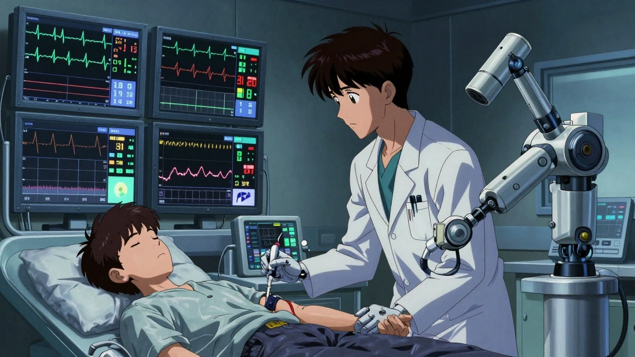 A doctor monitors digital health graphs in a quiet hospital room, with a robotic arm drawing blood.