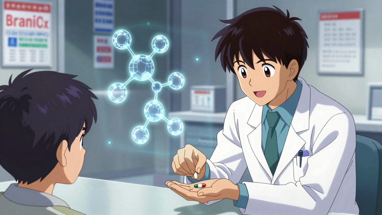 A doctor places a generic pill in a patient&#039;s hand as a hologram of identical molecules floats between them in a clinic.