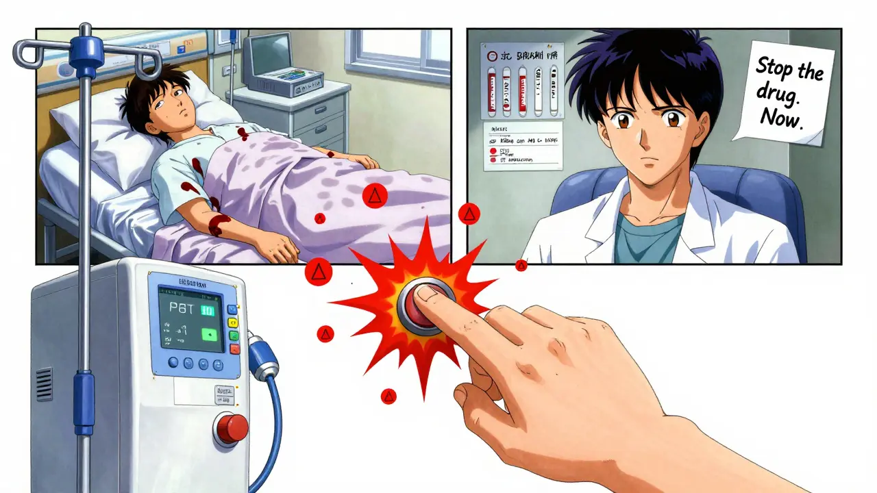 A hand stopping an IV pump as blood test warnings explode around two contrasting patient outcomes.