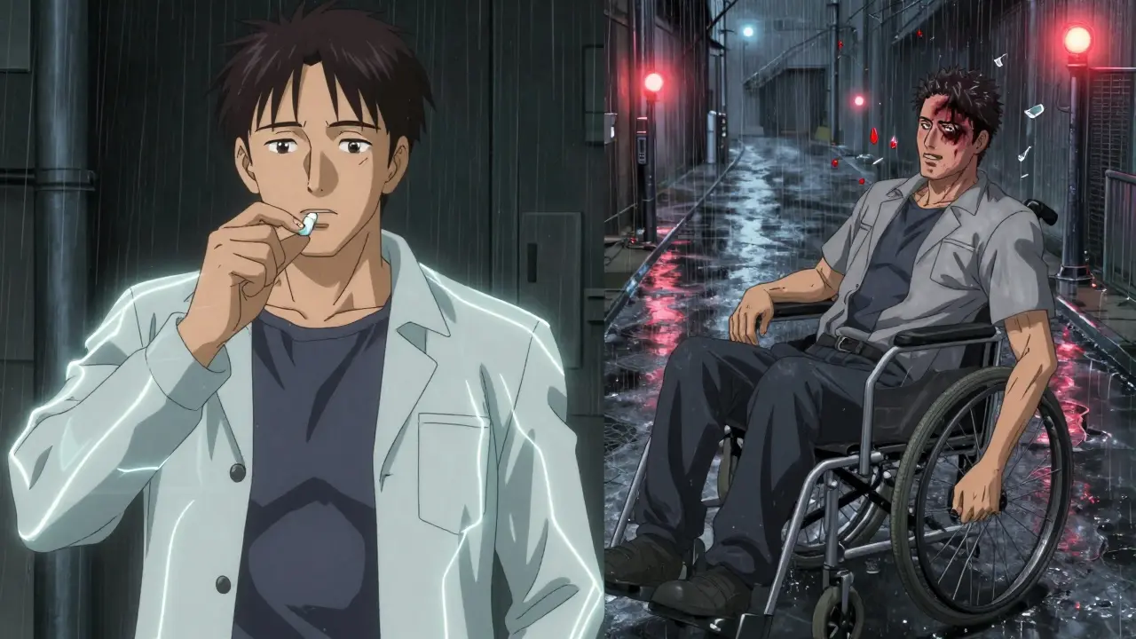 A man taking a DOAC pill on one side, and the same man injured after a fall with dark bruising and frozen blood droplets on the other.