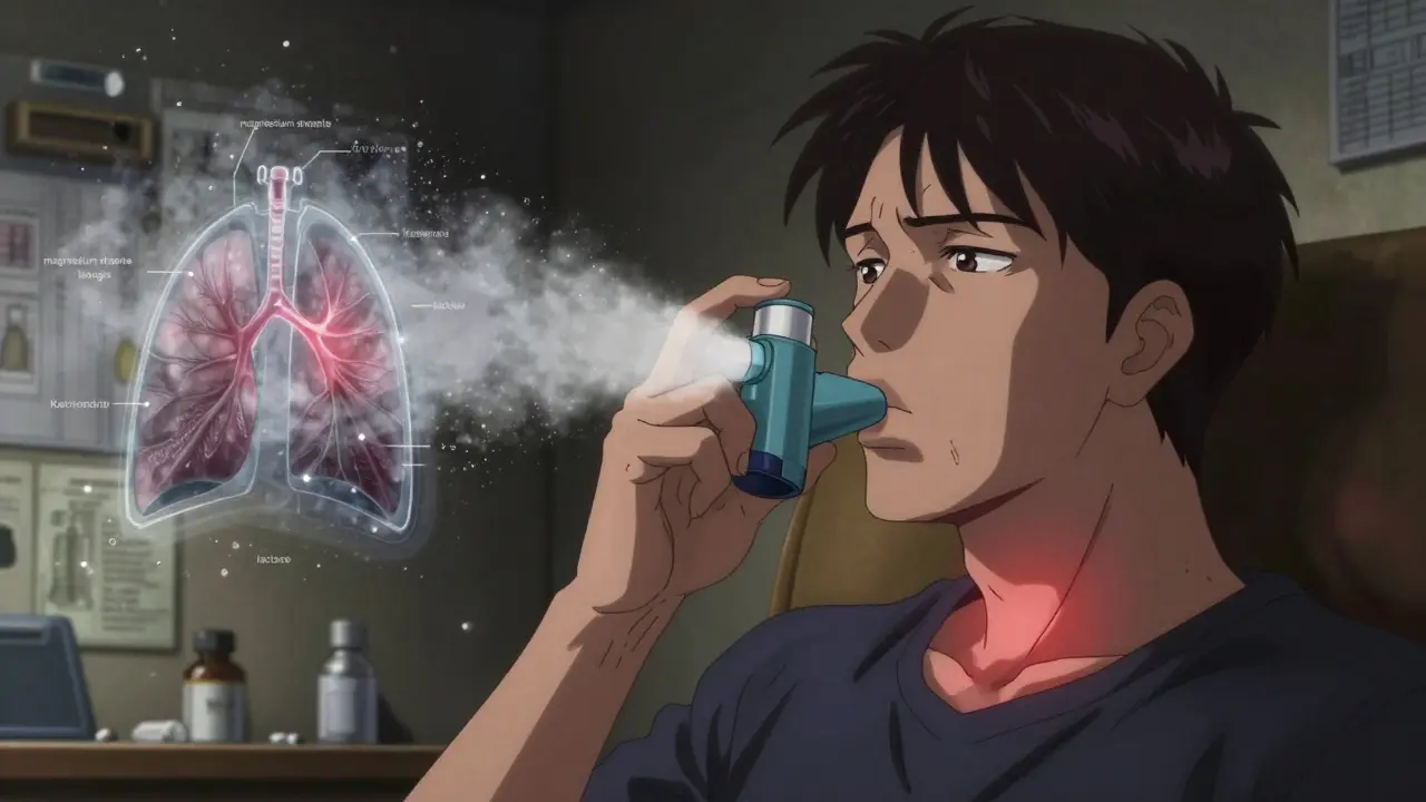 A patient inhaling from an asthma inhaler with visible differences in medication delivery to the lungs.