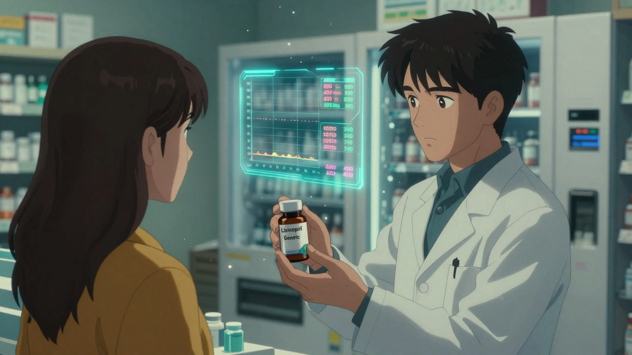 A pharmacist hands a generic pill bottle while cost data streams float in a cyberpunk pharmacy.