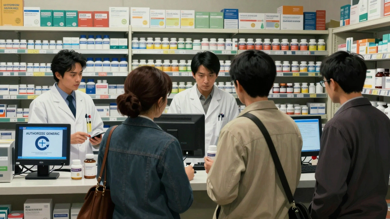 A pharmacy shelf with one dominant generic drug, while an authorized generic appears on a monitor, creating tension.