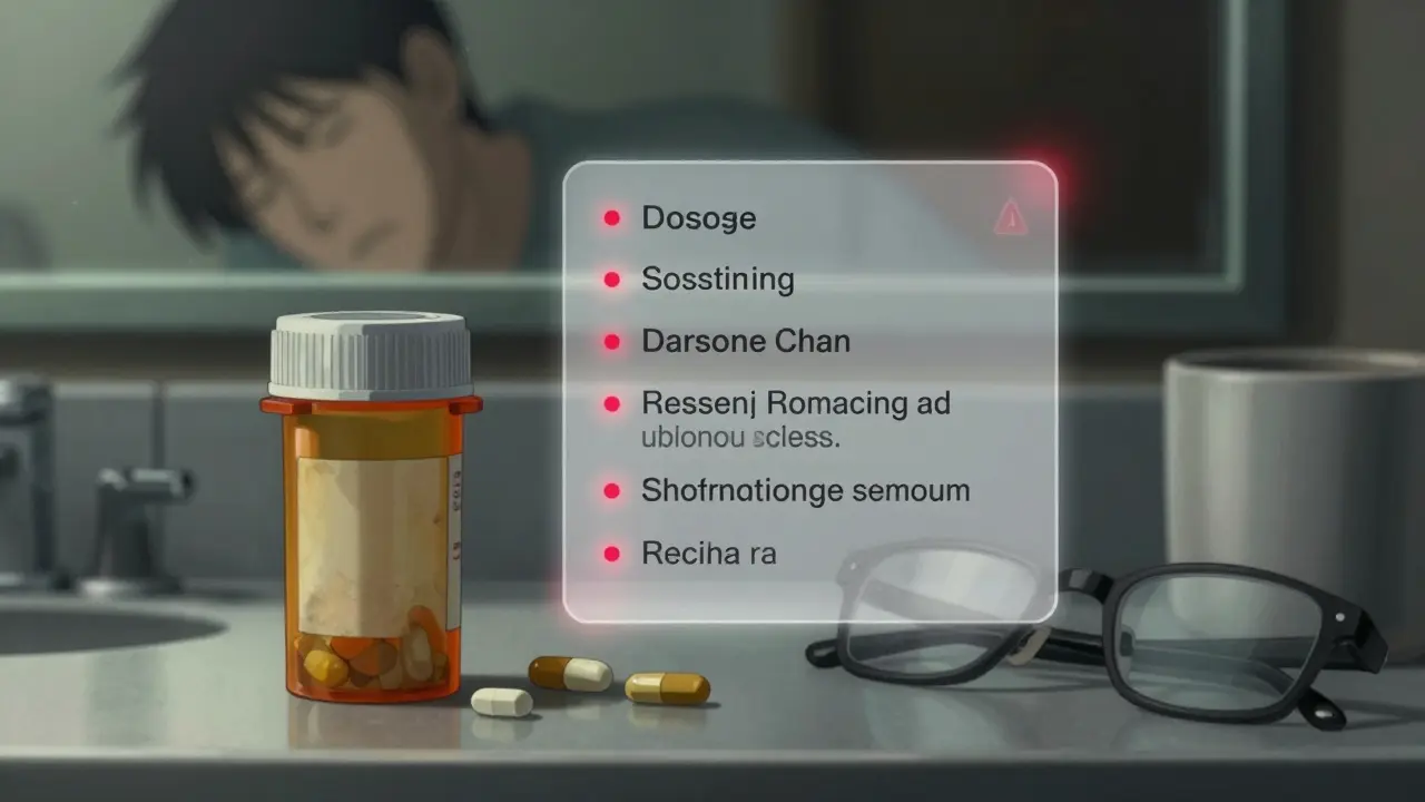 A prescription bottle beside reading glasses with floating safety instructions glowing nearby.