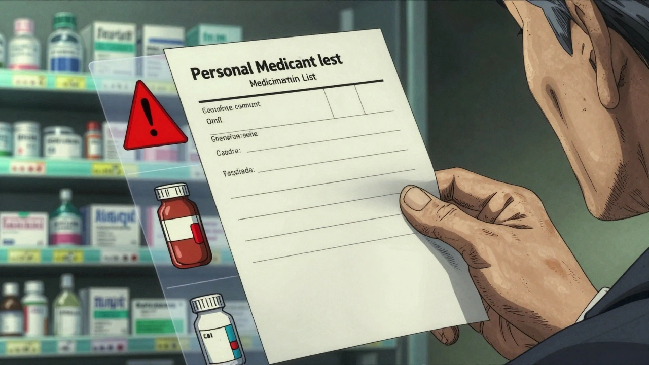 A senior&#039;s hand holding a medication list with floating digital warnings about drug interactions.