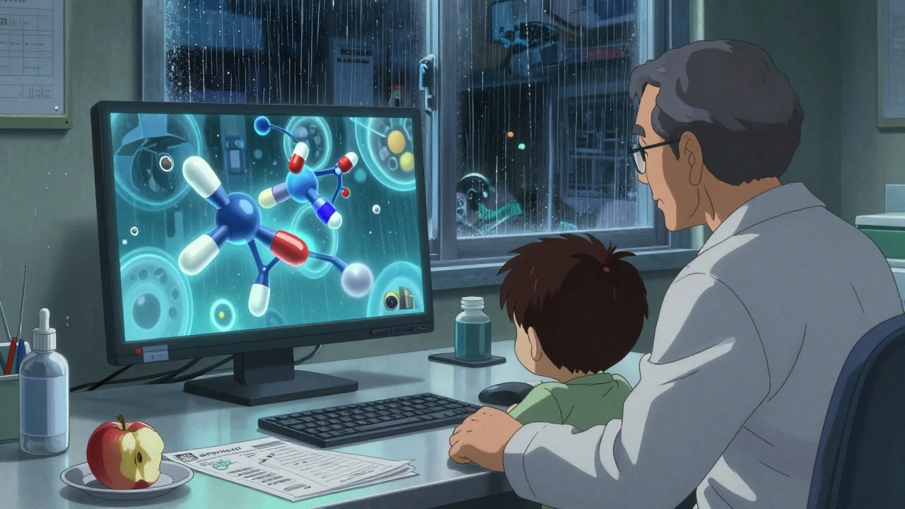 A senior and grandchild video-calling a pharmacist during a medication review, with a molecular interaction diagram on screen.