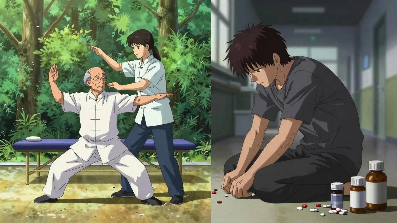 A senior practicing tai chi in sunlight versus earlier sedated on opioids, contrasting scenes of health and decline.