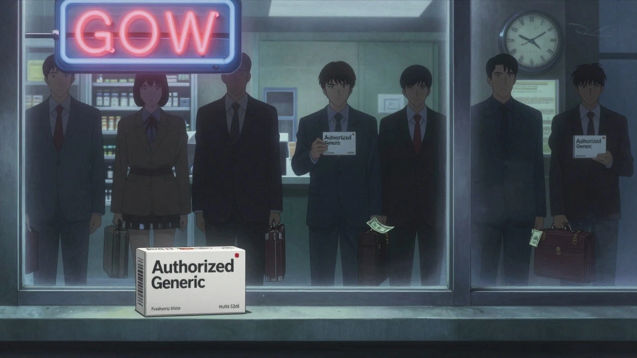 A single generic drug box on a pharmacy shelf at dawn, surrounded by shadowy corporate figures.