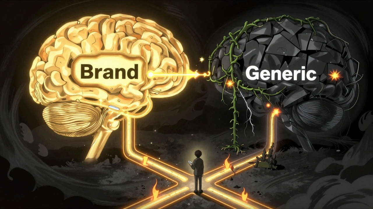 A surreal brain landscape with glowing pathways: one bright and structured, the other dim and overgrown, symbolizing belief differences.