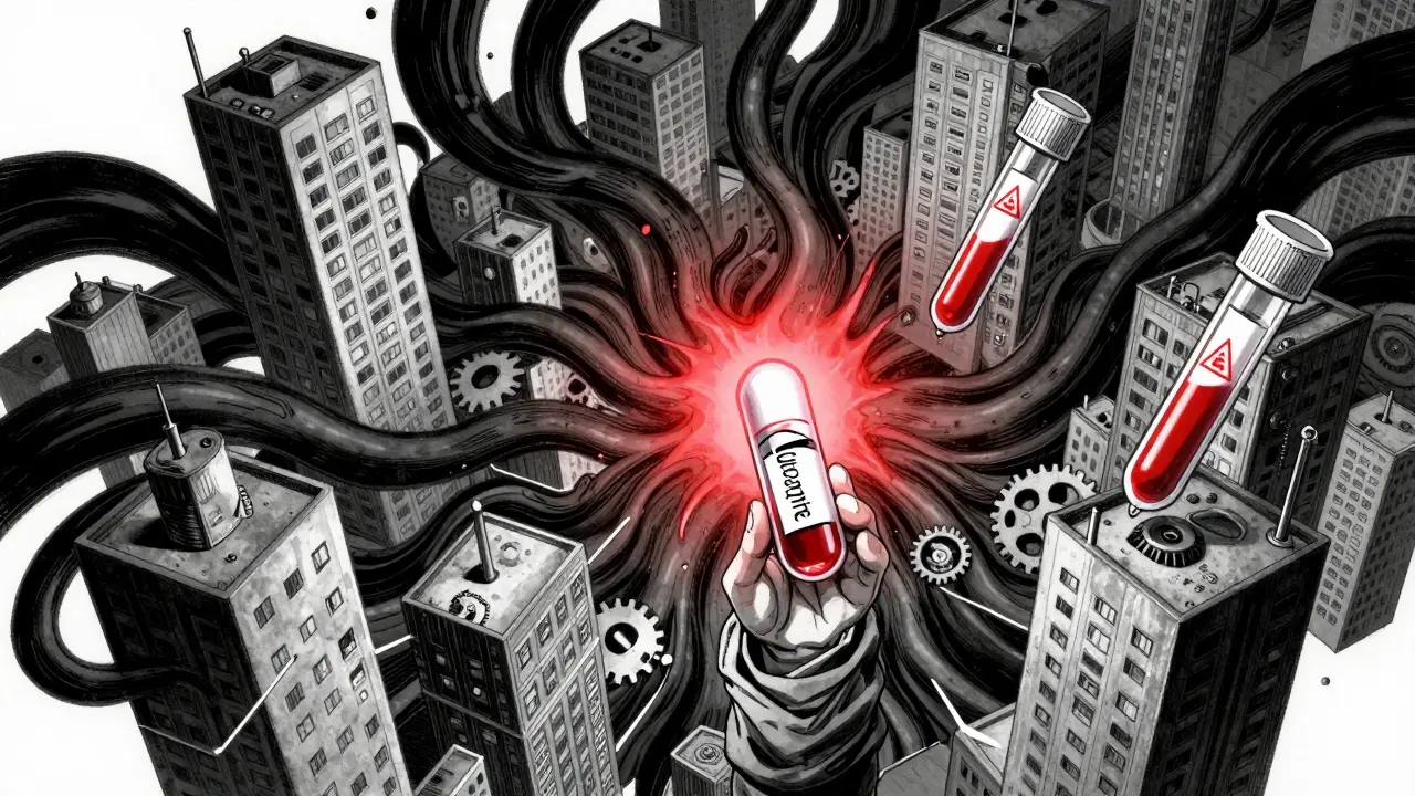 A surreal mental landscape with floating city fragments, dopamine storms, and blood test tubes in a gritty anime style.