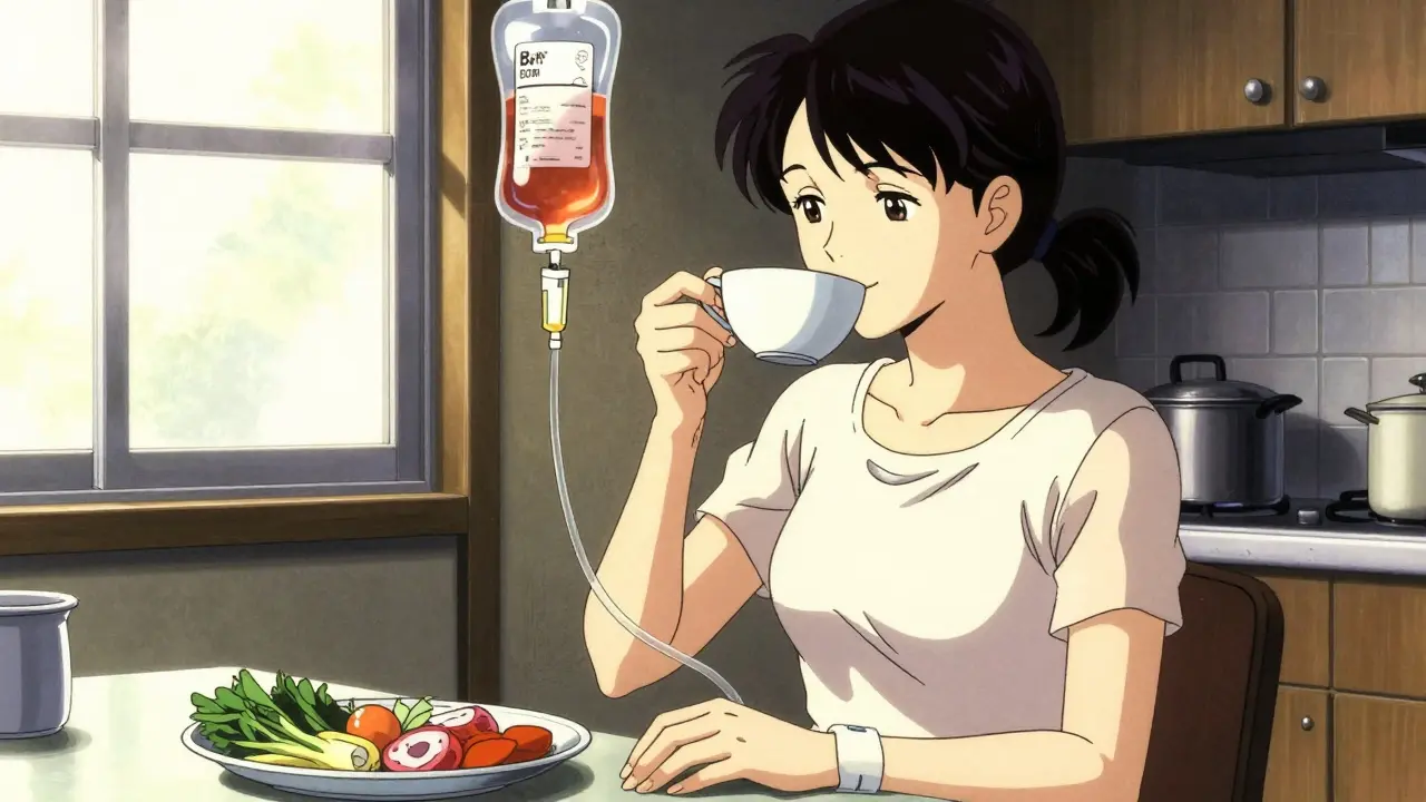 A woman enjoying soup in her kitchen with a discreet PEG tube, sunlight highlighting food and medical equipment side by side.