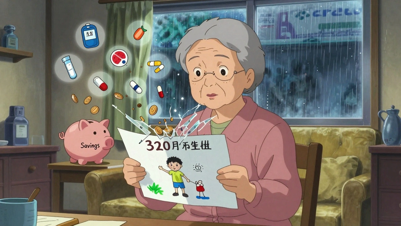 An elderly woman smiles as her old medication bills shatter into coins falling into a savings bank.