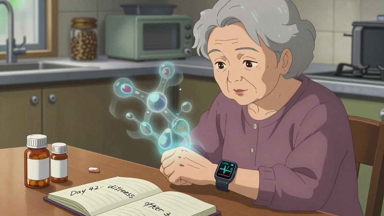 An elderly woman wears a smartwatch showing a heart anomaly, next to pill bottles and a symptom log.